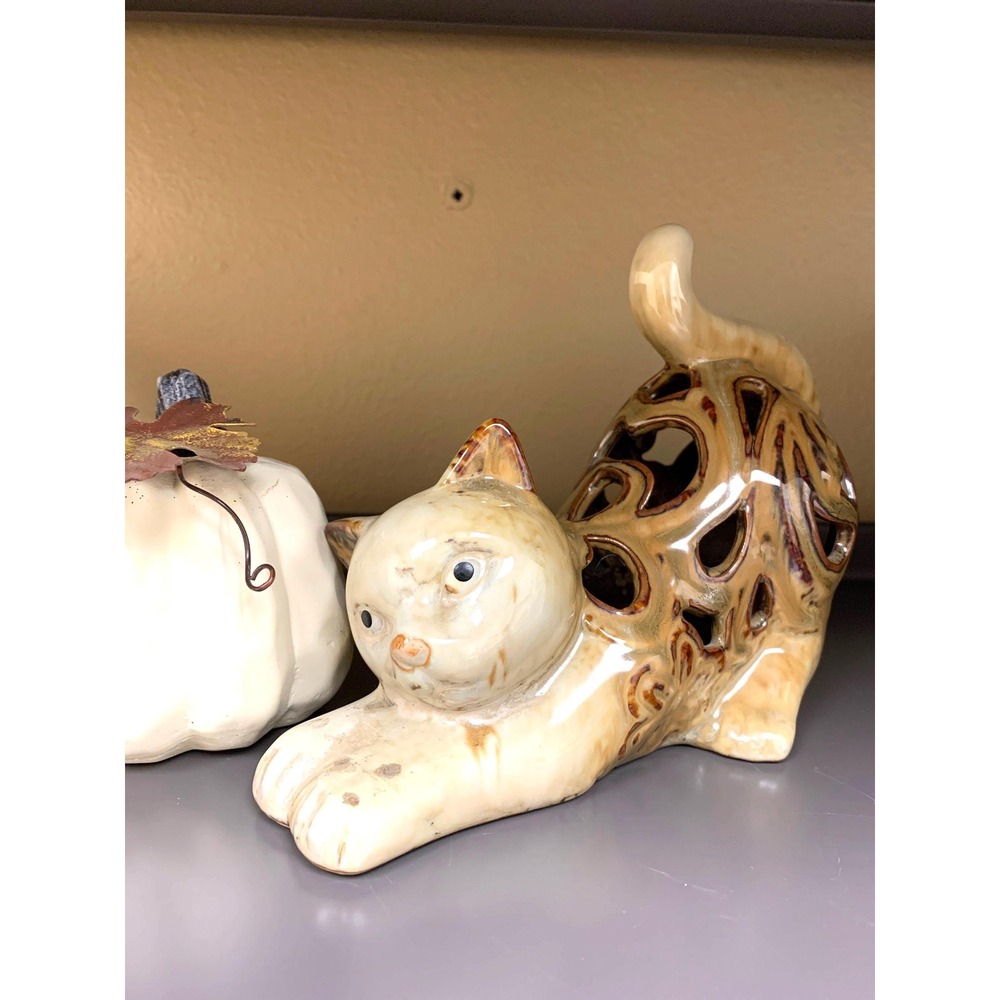 Vintage Ceramic Stretching Cat Tea Light Reticulated Cutout Glazed Figurine